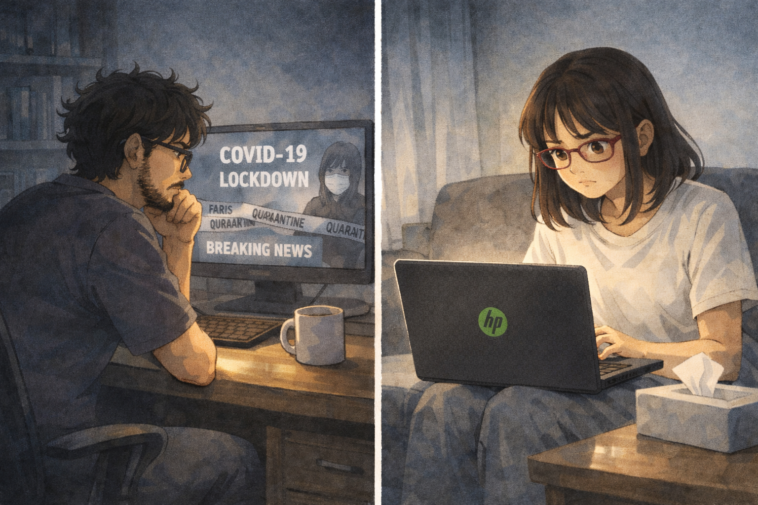 Split composition — Faris at a desk in Saudi watching pandemic news, Mia alone in Melaka watching the same. Both alone, both in separate frames.